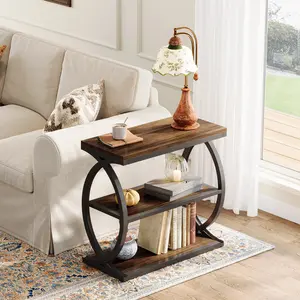 LITTLE TREE End Table, Narrow 3-Tier End Table for Living Room, Industrial Wooden Side Table with Metal Frame, Small Bedside Nightstand for Bedroom, Small Spaces, Rustic Brown