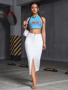 Palda Women's Stretchy Mid Rise Button Down Midi Denim A Line Skirt with Side Slit & Zipper Trendy Streetwear Fashionable Slim Fit Cotton Fabric Bottoms Pockets Breathable Casual Coat