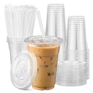 20/50 Pack 16oz Transparent Plastic Cup Lids and Straws, Disposable Coffee Cups for Iced Coffee, Cold Drinks, Smoothies, Party Supplies, Plastic Clear Cups
