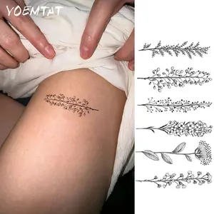 Finger Flower Pattern Waterproof Temporary Tattoo Sticker Black Simple Lines Bouquet Leaves Dandelion Plant Small Symbol Body Art Arm Fake Tattoos Sleeve For Women Men Aldult Hands Shoulders Waist Abdomen Legs Ankles