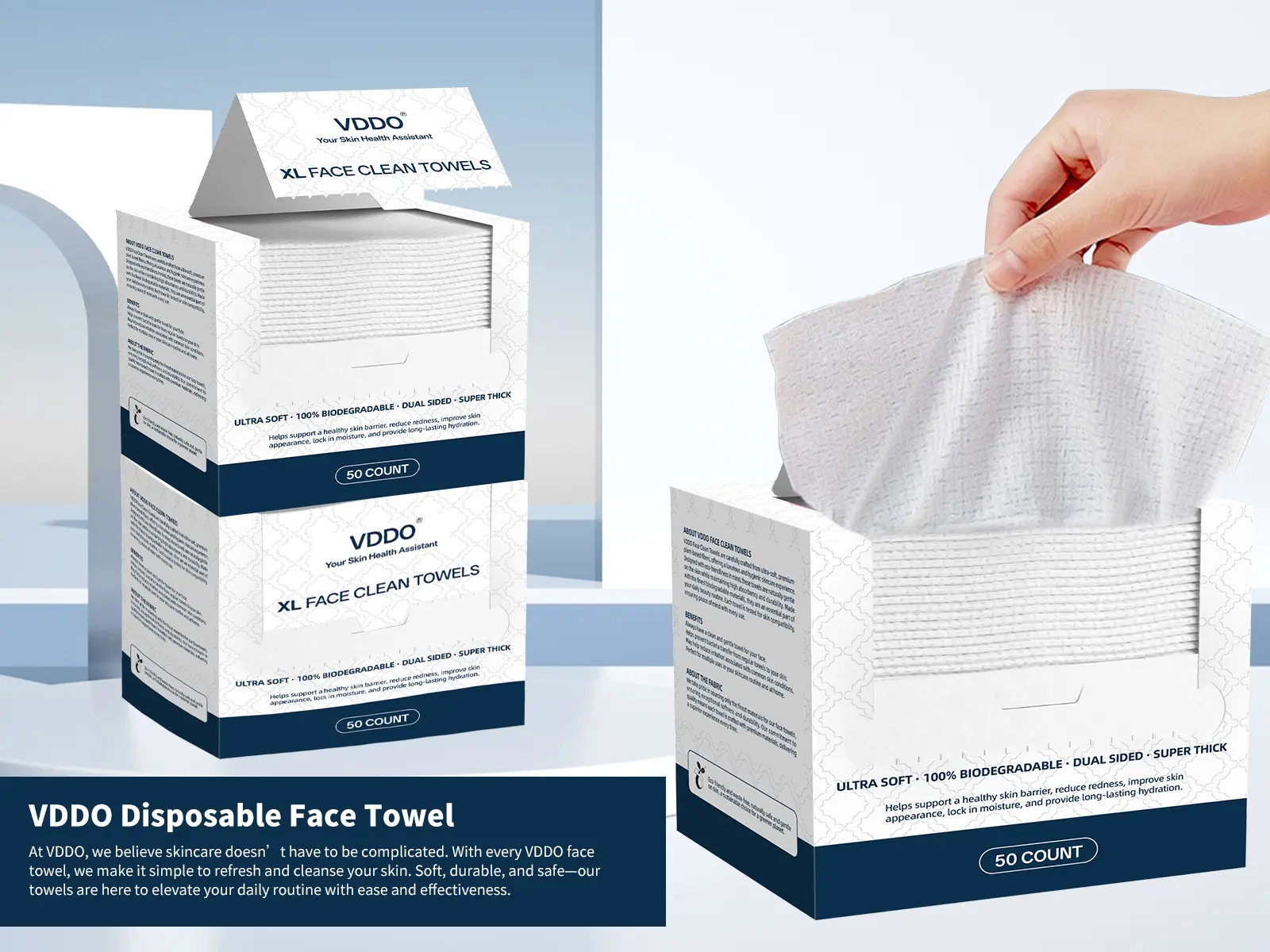 VDDO XL Face Clean Towels 100% Biodegradable Ultra Soft Dual-Sided 50 Count for Makeup Removal & Skin Care Eco-Friendly Hotel Home Cleaning Hygiene Products