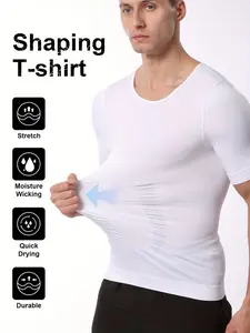 1 Count Men's Seamless Compression Short Sleeve Body Shaper, Workout Shapewear, Tummy Control & Chest Binder Shaping Tee, Cooling Stretch Fabric Muscle Fit Shapewear Tops, Breathable Athletic Shaper Shirt, Gym Fitness & Daily Casual Wear
