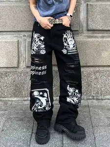 Y2k Black Jeans For Men Loose Fit Ripped Streetwear Denim Pants Printed Menswear For All Seasons Baggy Comfort Casual Trousers