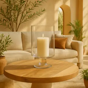 Clear Glass Wide Decorative Candle Holder with Elevated Base