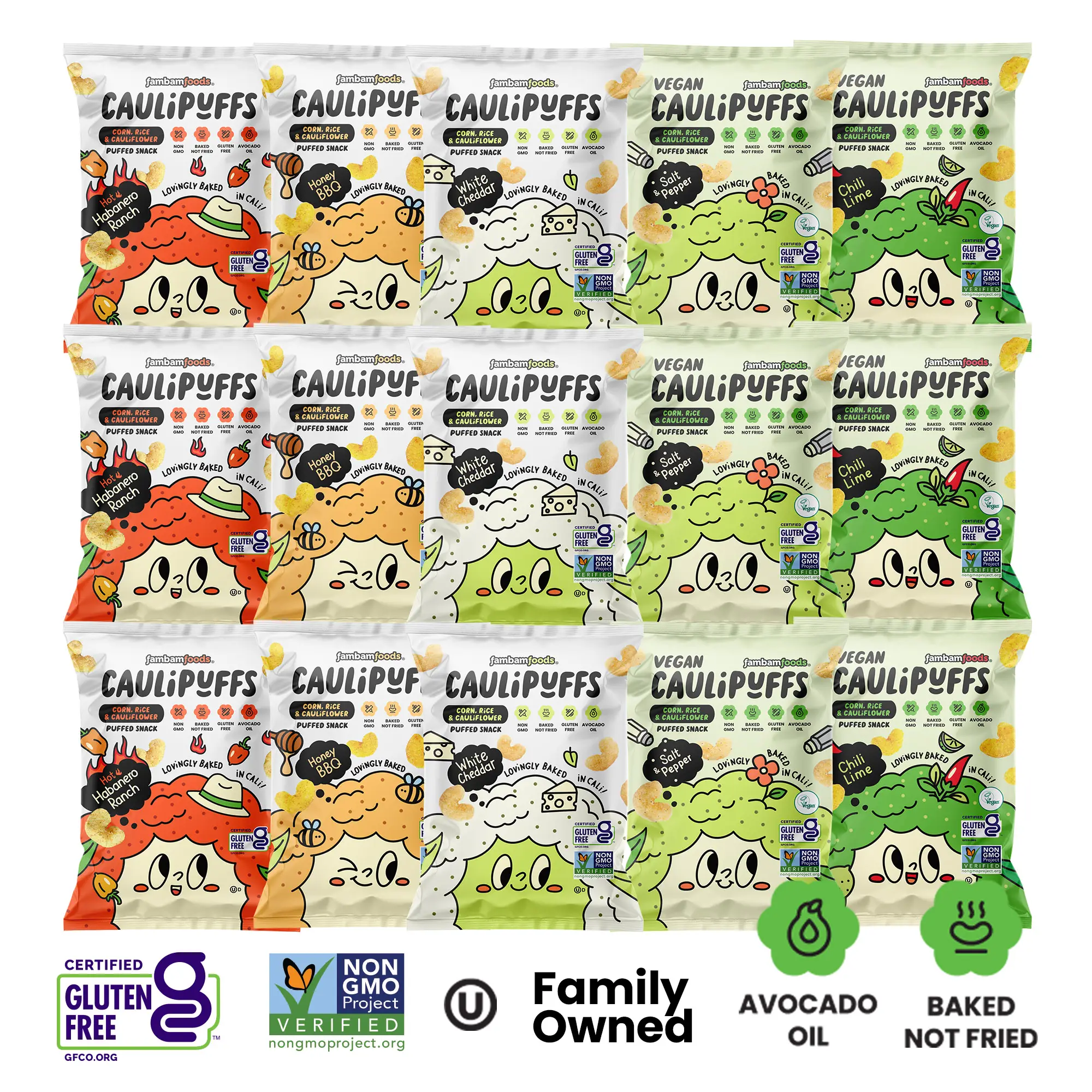 CauliPuffs 15-Pack Variety Snack-sized Bundle: 3x Vegan Salt & Pepper, 3x Vegan Chili Lime, 3x White Cheddar, 3x Habanero Ranch, 3x Honey BBQ
