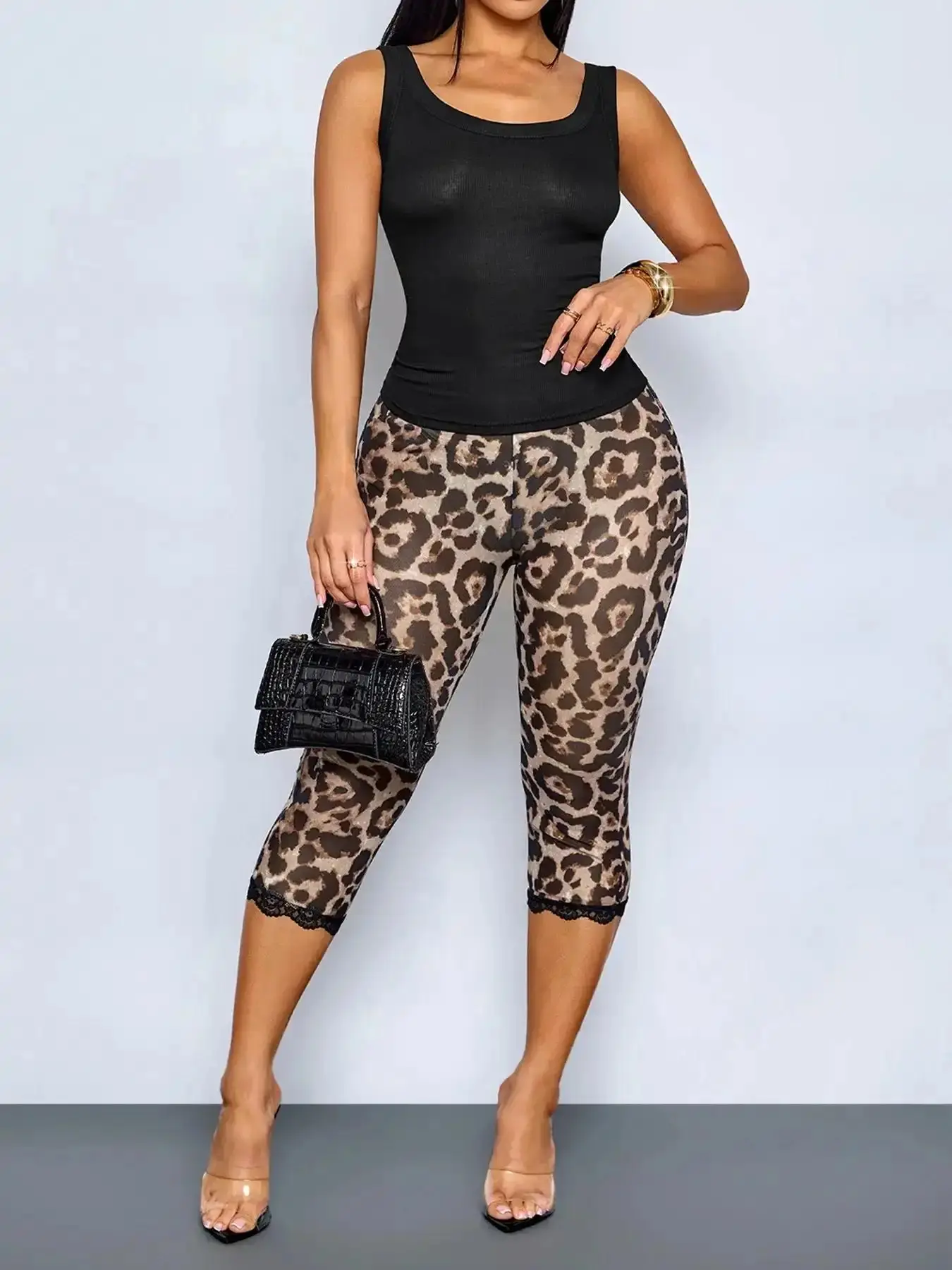 Refined Casual Women's Leopard Print Lace Leggings Chic Look, High Waists Waist Elastic Cropped Capri Pants, Bottoms, Fashionable for Outdoor, Sports, Workwear(Semi-transparent), Athleisure, All Day Comfort, Sunny Days