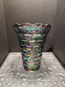 Vintage Federal Glass Carnival Yorktown Thumbprint Iridescent 8.25" Smokey Base