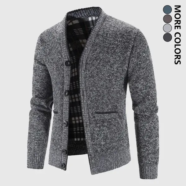 Men’s V-neck fleece-lined knit cardigan – thick, warm plaid long-sleeve top suitable for daily commuting, casual gatherings, and autumn/winter outings