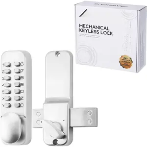 Mechanical Keyless Keypad Entry Door Knob Lock with Bolt,Single-Sided Passcode Combination Door Handle Lever Set,Interior Exterior Manually Locking,for Front Gate,No , Chrome