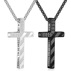 2 Pcs Silver Black Cross Necklace for Men Boys - Stainless Steel Bible Verse Cross Chain Pendant Necklaces for Men American Flag Religious Christian First Communion Jewelry Gift 18-24 Inches
