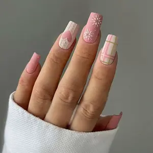24pcs Long Square Christmas Snowflake Heart Stripe Nail Tips, Long Nails DIY Manicure Set for Women and Girls, Removable Glossy Finish Nail Art Tools, Nail Decoration