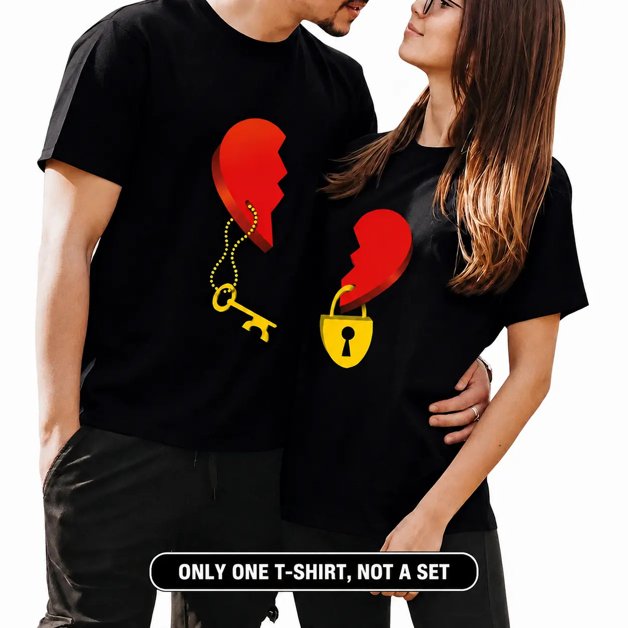 Women's Cute H-Type Crew Neck Short-Sleeve Cotton T-Shirt, Lock-Key Heart Graphic Loose Casual Black Top, Valentine’s Day Gift, Anniversary Gift, 1 Piece