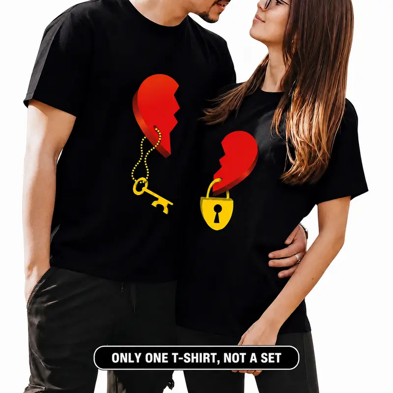 Women's Cute Soft Cotton Blend Short-Sleeve H-Type Crew Neck T-Shirt, Lock-Key Heart Graphic Loose Comfortable Black Top, Valentine’s Day/Anniversary Gift, 1-Piece Couple Set