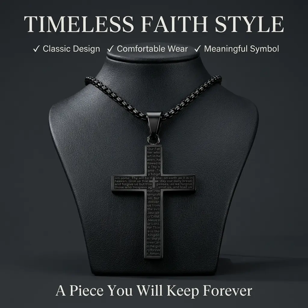 Cross Necklace for Men Teens Boys, 22+2" Stainless Steel Adjustable Christian Necklace for Confirmation, Baptism Gifts