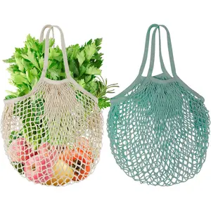 2-Pack Reusable Mesh Grocery Bags - 100% Cotton String Long Handle Produce Bags for Fruits Vegetables, Eco-Friendly Lightweight Durable Mesh Bags, Washable Drawstring Closure, Perfect for Shopping Storage