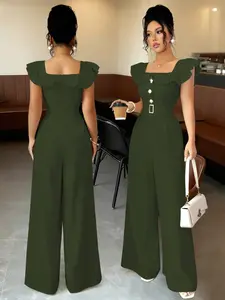 New Women's Square Neck Ruffle Mock Front Belted Button Pants, Casual Fitted Long Pants for Spring & Fall, Elegant Commuter Wear Jumpsuit