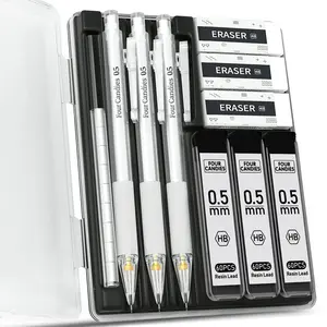 Four Candies Mechanical Pencil Set with Case - 3PCS Cute Pencils 0.5mm/0.7mm with 180PCS HB Lead Refills, 3PCS Erasers & 9PCS Eraser Refills, White Clear Mechanical Pencil for Students Drawing, Writing