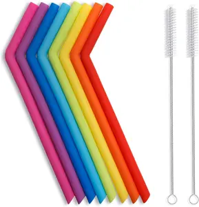 Reusable Silicone Straws, Long Flexible Silicone Drinking Straws with Cleaning Brushes for 30 oz Tumblers , 10 Pieces Colorful Cup