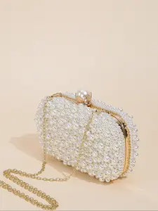 Mini Two-Sided Pearl Embroidered Clutch Bag, Handmade Large Pearl Buckle, Party Wedding Prom Graduation Ball Gown Evening Banquet