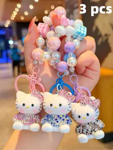 Cute Cartoon Kt Cat Keychain Set, Rhinestone Animal Charms, Beaded Bag Accessories, Phone Strap, High-Quality Handmade Keychains,Valentine's Day,lovers