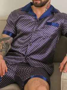 Men's Dot Short Sleeve Loose Fit Button Front Cardigan Pajamas, Loungewear, Pyjamas, Pjs, Fashionable Comfortable Daily Two-Piece Set, Perfect Home Wear, Homewear