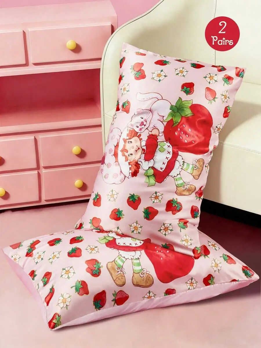 Strawberry Shortcake 2Pc Cute Printed Pillowcase, Satin Material, Care For Hair, Breathable And Cool, Available In A Variety Of Sizes, Machine Washable, Pink