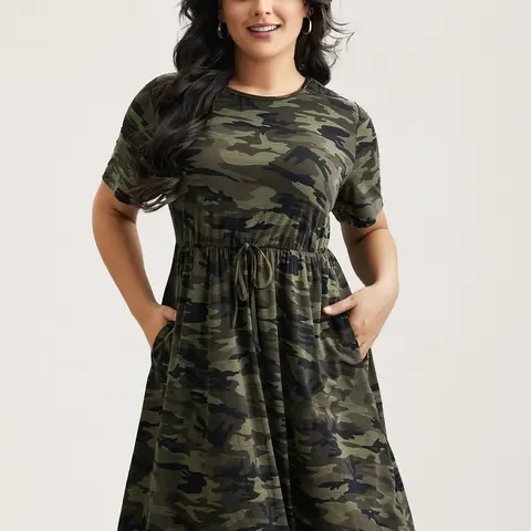BloomChic Camouflage Print Round Neck Pockets Midi Dress 【M-6XL】