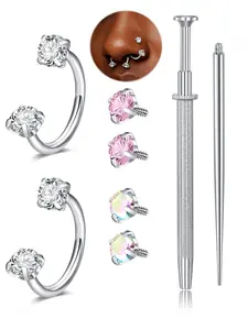 20G Horseshoe Nose Rings Stainless Steel Nose Ring White Cubic Zirconia Nose Piercing,Internally Threaded Nose Rings For Women Ball Grabberand And Taper For Valentine's Day Gift New Year Gift