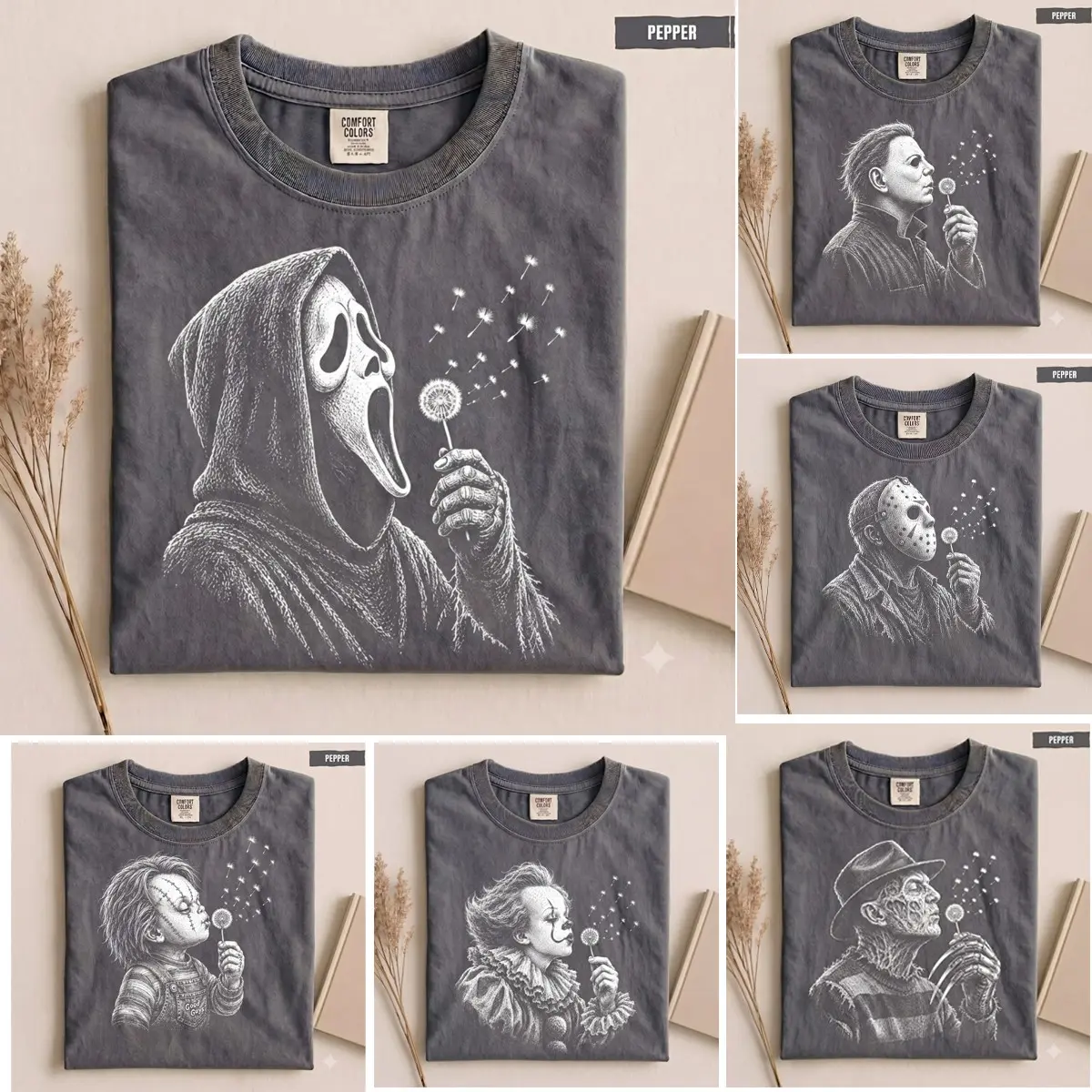 Comfort Color Pepper Retro Halloween Monsters Shirt, Sasquatch Dandelion Tee, Spooky Killers Horror Movie Graphic Tee, Vintage Monster Lover T-Shirt, Spooky Season Halloween Tee