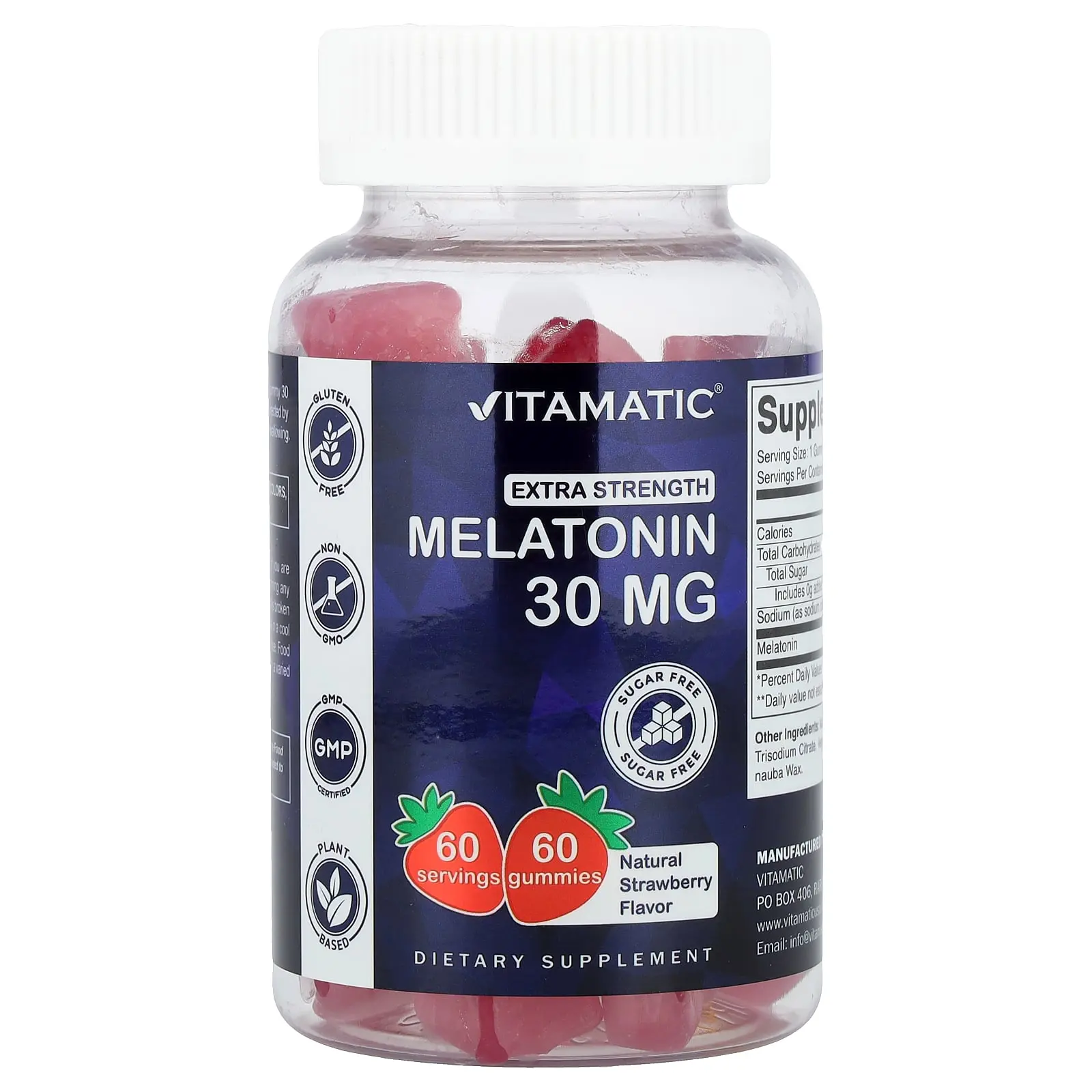 Vitamatic Melatonin Gummies, Natural Strawberry, 30 mg, 60 Gummies