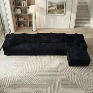 Modern 163"L L-Shaped Modular Sofa Comfortable Non-Rigid Combination Living Room Design No Assembly Required room reading bedroom soft plush corduroy flexible viral couch b black color fluffy furniture