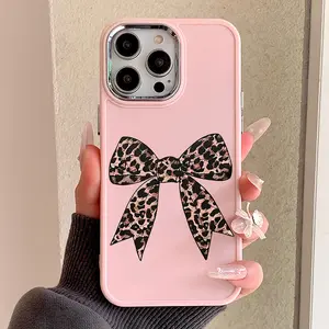 Pink metal photo frame design, leopard print and bowknot pattern, shockproof, Protective soft phone case with buttons, suitable for Apple XS/XR/11/12/13/14/15 PRO/PRO MAX/PLUS/AIR. A gift choice for best friends, boyfriends/girlfriends, and family!