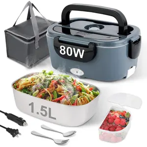 Electric Lunch Box 80W Heated Lunch Box for Adults 1.5L Portable Fast Heating Food Warmer for Car/Truck/Work/Travel 12/24/110V Lonchera Eléctrica Portátil