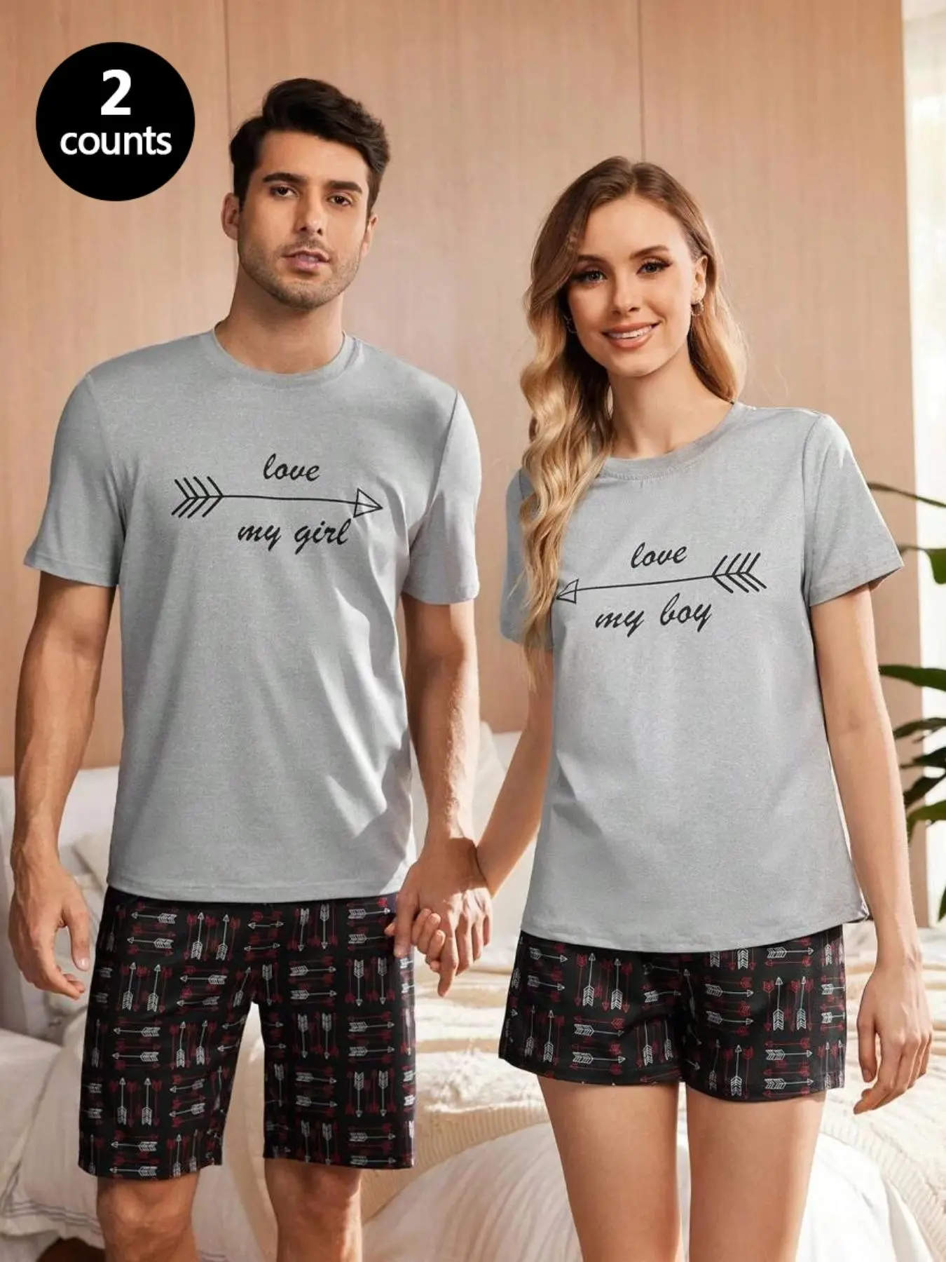 Couple's Letter Print Tee & Panda Print Pants Pyjama Two-piece Set, Casual Comfy Round Neck Short Sleeve T-shirt & Trousers Pj Set, Couple's Sleepwear for All Seasons, Matching