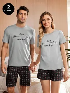Couple's Letter Print Tee & Panda Print Pants Pyjama Two-piece Set, Casual Comfy Round Neck Short Sleeve T-shirt & Trousers Pj Set, Couple's Sleepwear for All Seasons, Cozy Nightwear Pajamas