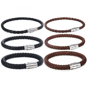 4/6/8mm Man-made Braided Leather Rope Cord Bracelet Magnetic Clasp 8-10 inch for Men Women Couple Jewelry Birthday Gift