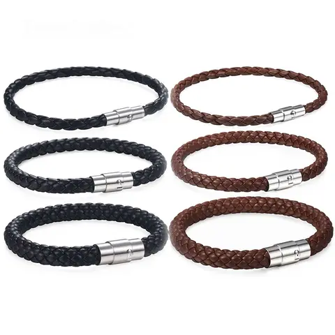 4/6/8mm Man-made Braided Leather Rope Cord Bracelet Magnetic Clasp 8-10 inch for Men Women Couple Jewelry Birthday Gift