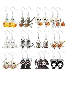 24 Pcs Halloween Earrings Set, Cute Ghost Mummy Pumpkin Cat Skull Death Cartoon Style, Party Favor Gift Sharing Pack, Witchy Jewelry