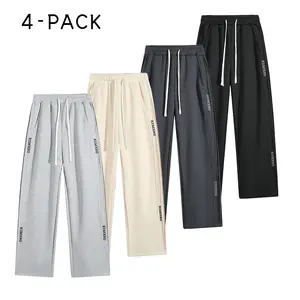 Men’s 4-pack straight-leg embroidered sweatpants; wrinkle-resistant loose wide-leg casual pants with a drawstring elastic waistband; suitable for everyday streetwear, autumn/winter home wear and outdoor outings; four neutral color options—stock-up set.