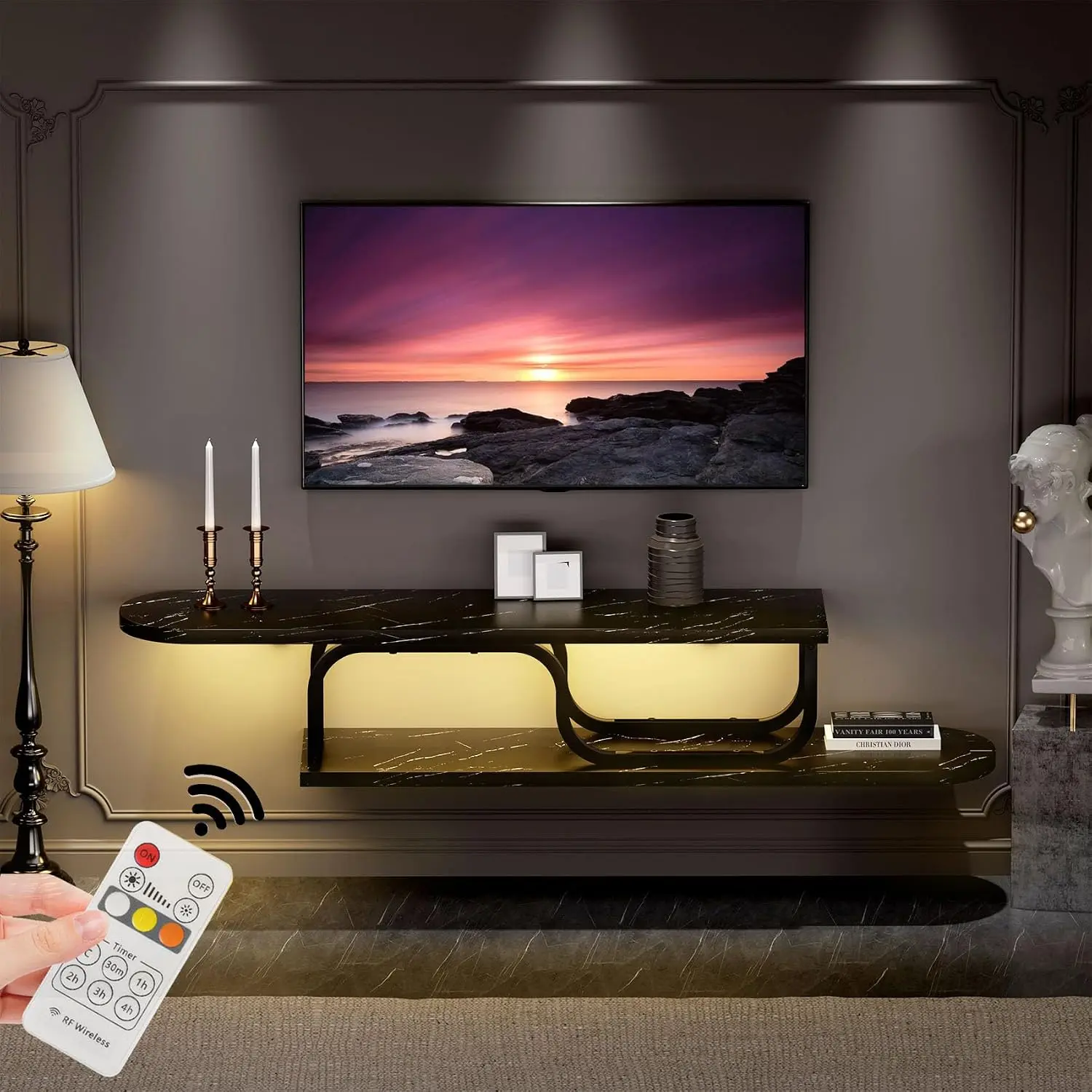 55”Floating Entertainment Center with LED Lights for 60/65/70 Inch TV, Floating TV Shelf with 5 Timers & 6 Brightness Levels, Marble Wall-Mounted TV Stand for Living Room,Bedroom