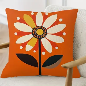 Single-sided short plush decorative throw pillow with zipper closure, featuring an orange floral pattern in a mid-century modern style, suitable for sofa, living room, bedroom, office, and home decoration materials