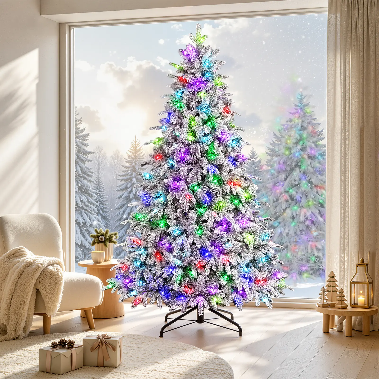 SHareconn Standing Pre-Lit RGB Snow Flocked PVC Cedar Christmas Tree, 4.5/5.5/6.5/7.5/8/9 FT, Eco-Friendly, Multi-Color LED Lights, Remote Control, Deluxe Hinged Design, Ideal Holiday Decoration