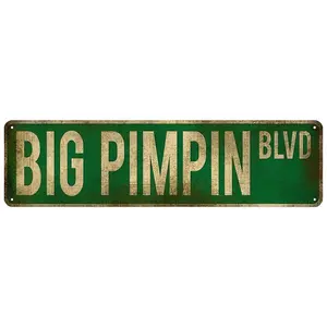 Vintage "Big Pimpin' BLVD" Metal Tin Sign - 4x16 Inch Aluminum Wall Hanging Plaque, Rustic Green & Yellow Distressed Design, Perfect for Home, Bar, Cafe, Garage Decor - No Electricity Needed, Metal Wall Art Decor