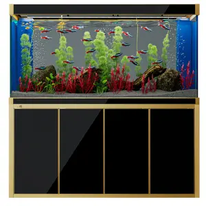 Aqua Dream 250 Gallon Tempered Glass Aquarium Black and Gold Fish Tank Enclosure with LED Light, Sump Filtration System, and Submersible Aquatic Pump