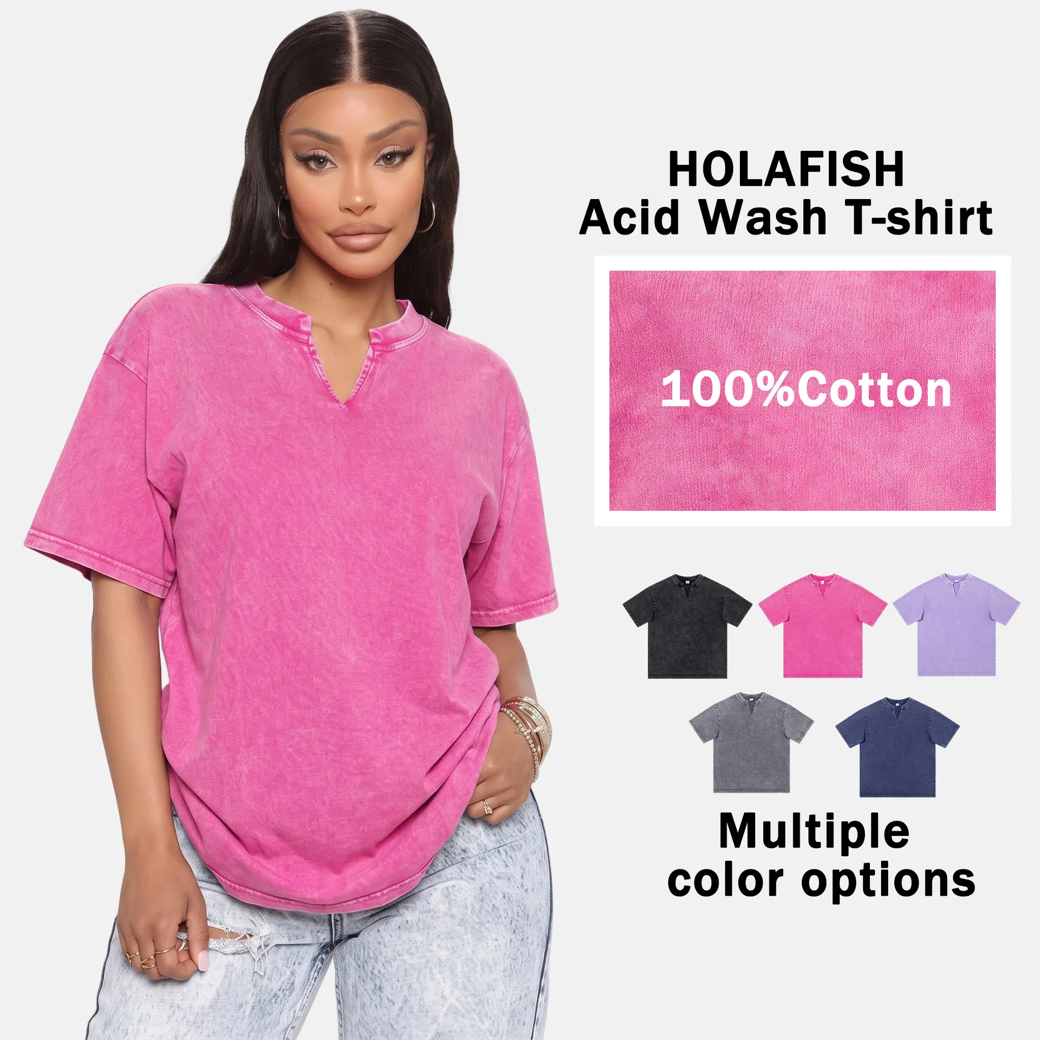 Women’s pure cotton vintage washed distressed loose T-shirt featuring a small V-neck slit, short sleeves, and a pocket—soft, casual summer streetwear for everyday wear.