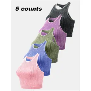 Five-piece women's sports tank top with no sleeves, training running tight high elasticity yoga top, unlined ribbed seamless washed jacket, suitable for party wear, is the best party holiday gift for women at home.