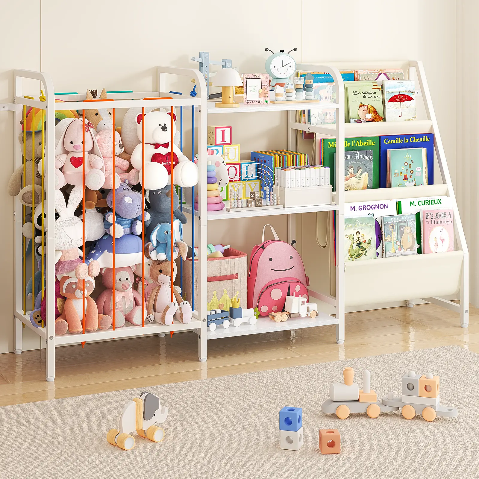 B1 Kids 3-Tier Sling Wood Bookcase - Multi-Column Floor Nursery Shelf with Toy & Stuffed Storage, Montessori Toddler Indoor Furniture for Bedroom, Playroom Decoration