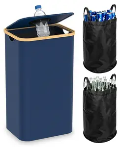 26 Gallon (100L) Kitchen Indoor Oxford Fabric Recycling Bin with Lid, Blue Recycling Trash Can with 2 Pack Removeable Reusable Inner Bags for Bottle Can Glass Plastic