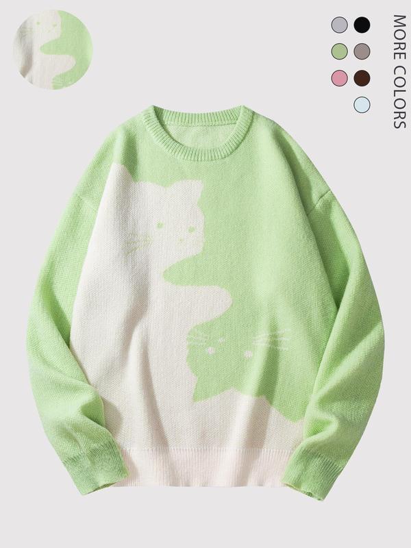 #Springfresh Love Men's Cartoon Cat Jacquard Round Neck Sweater Loose Casual Long Sleeve Knitted Sweater Autumn/Winter Fashion Men's Knitted Sweater Daily Wearing Pullover Top Same Style for Men and Women Party Leisure Halloween Academy Style Work Outdoor