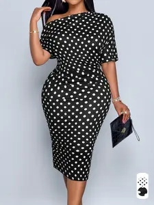 Plus Size Summer Elegant Women's Polka Dot Dress, Plus Size Asymmetrical Neck Short Sleeve Midi Dress, Fashion High Waist Fitted Dress, Casual Fashionable Dress